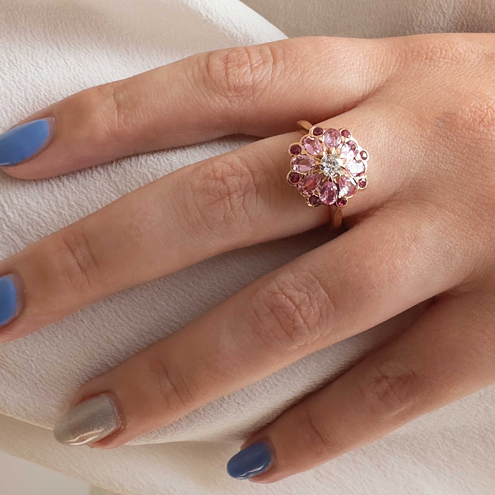 Statement Pink Sapphire, Diamond and Ruby Rose Ring